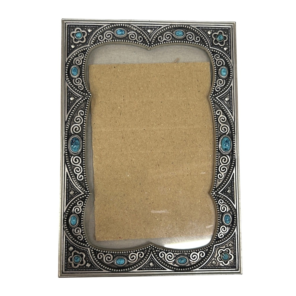 Western Boho Faux Turquoise Silver Picture Frame 4x6 Silver Southwestern Ornate